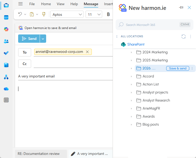 Save Outlook email while sending with New harmon.ie