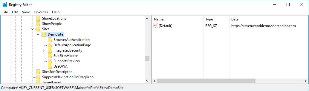 registry keys for configuring a SharePoint site