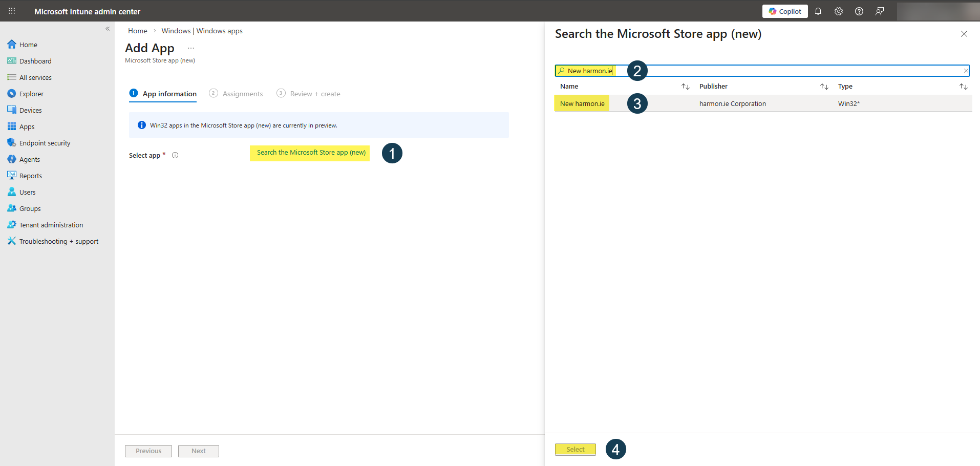 Search for New harmon.ie in Intune admin center Search for New harmon.ie in Intune admin center
