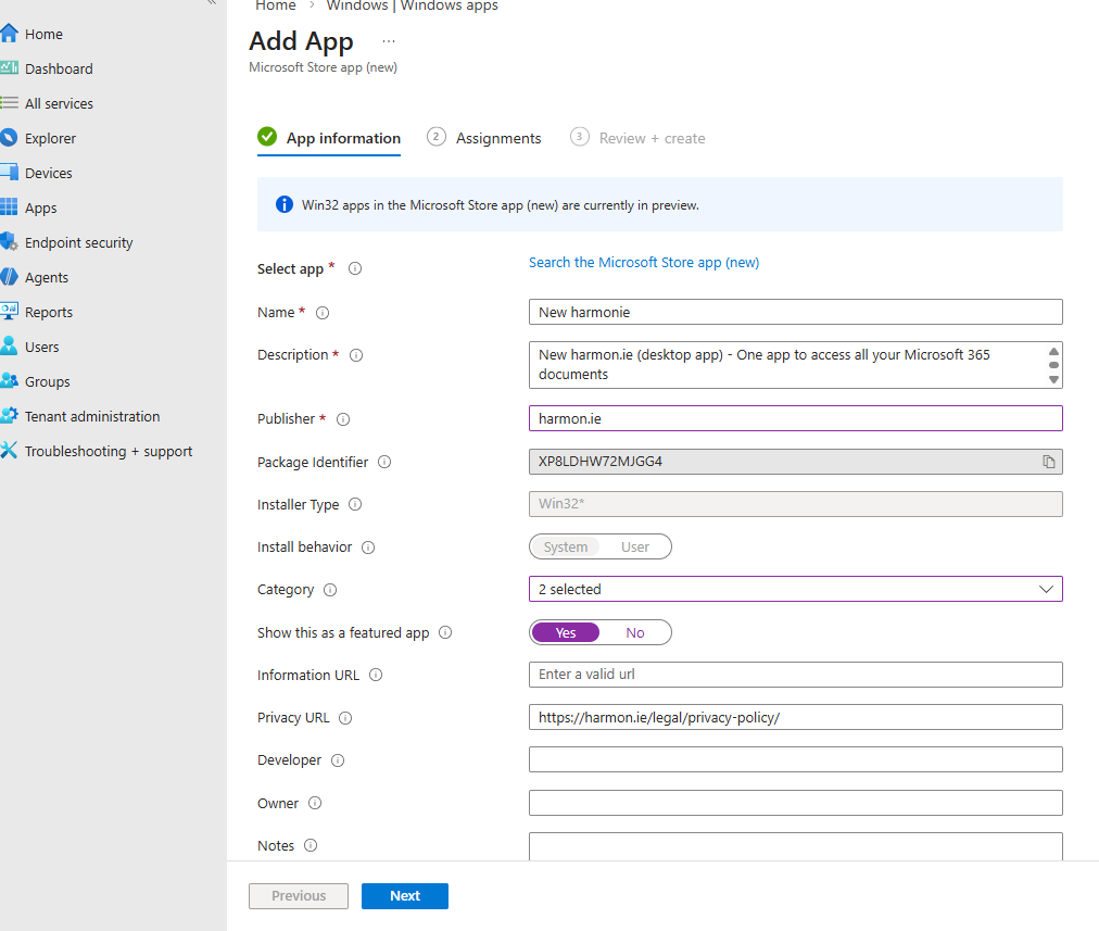 New harmon.ie in Intune admin center