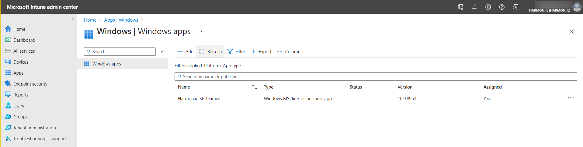 The harmon.ie app in MS Intune admin center