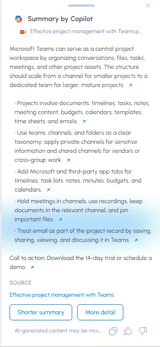 The Summary by Copilot panel in New harmon.ie The Summary by Copilot panel in New harmon.ie