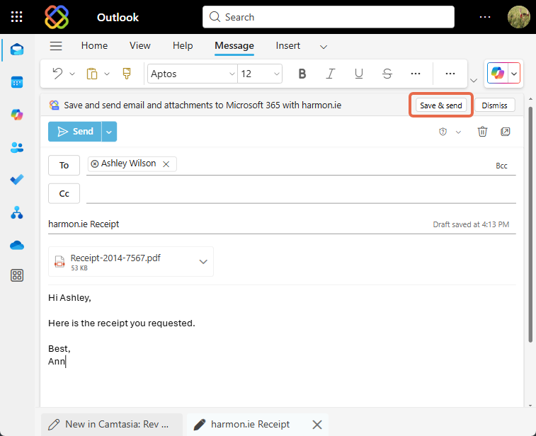 Click the Save & send button to save your email and attachments to Microsoft 365 then send it
