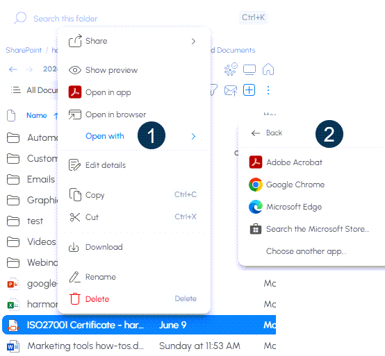 Open with and its submenu of installed apps