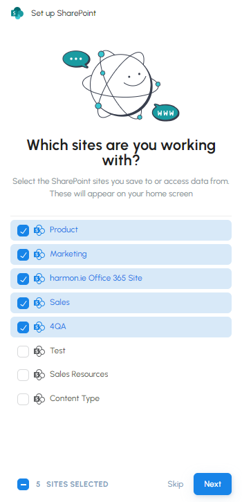 Select SharePoint sites you want to view in harmon.ie