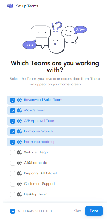 Select Teams you want to view in harmon.ie