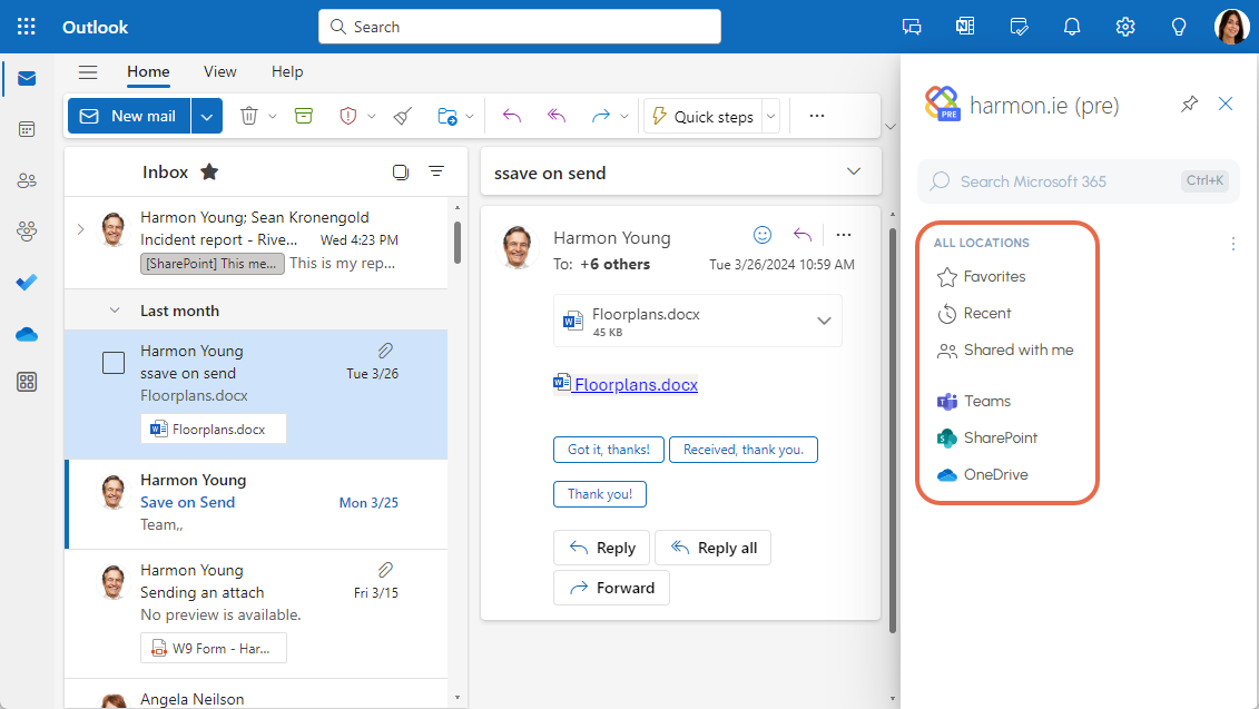 harmon.ie sidebar within Outlook