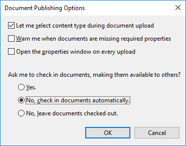 In Document Options you can set the preferred behavior for check in prompts.