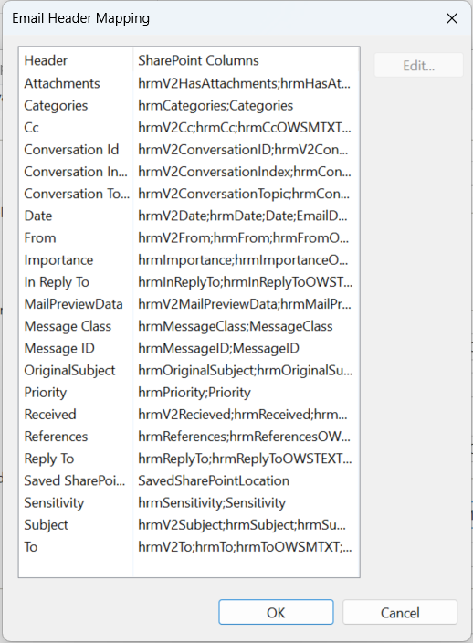 Configure in which SharePoint field to store email headers for uploaded email messages using the Email Header Mapping dialog. 