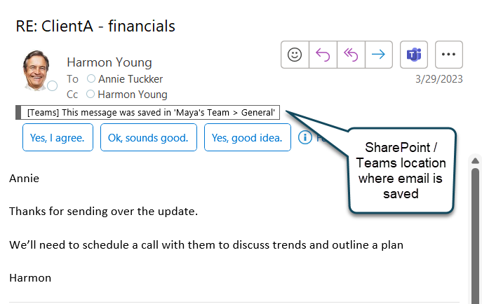 The SharePoint, Teams, or OneDrive location where the message was saved is written in the message.