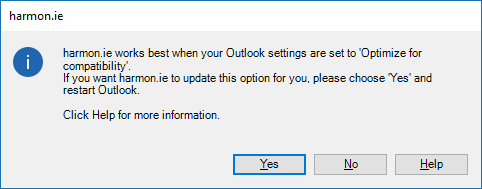 harmon.ie fonctionne mieux lorsque vos paramètres Outlook sont définis sur Optimiser pour la compatibilité.